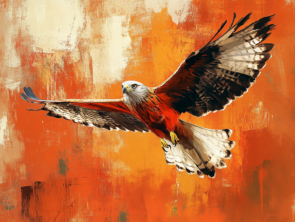 Red Kite soaring on orange background
